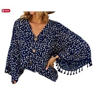 Boho Blouse Medium Floral Print V Neck Trim Flutter Sleeve Fringed V Neck